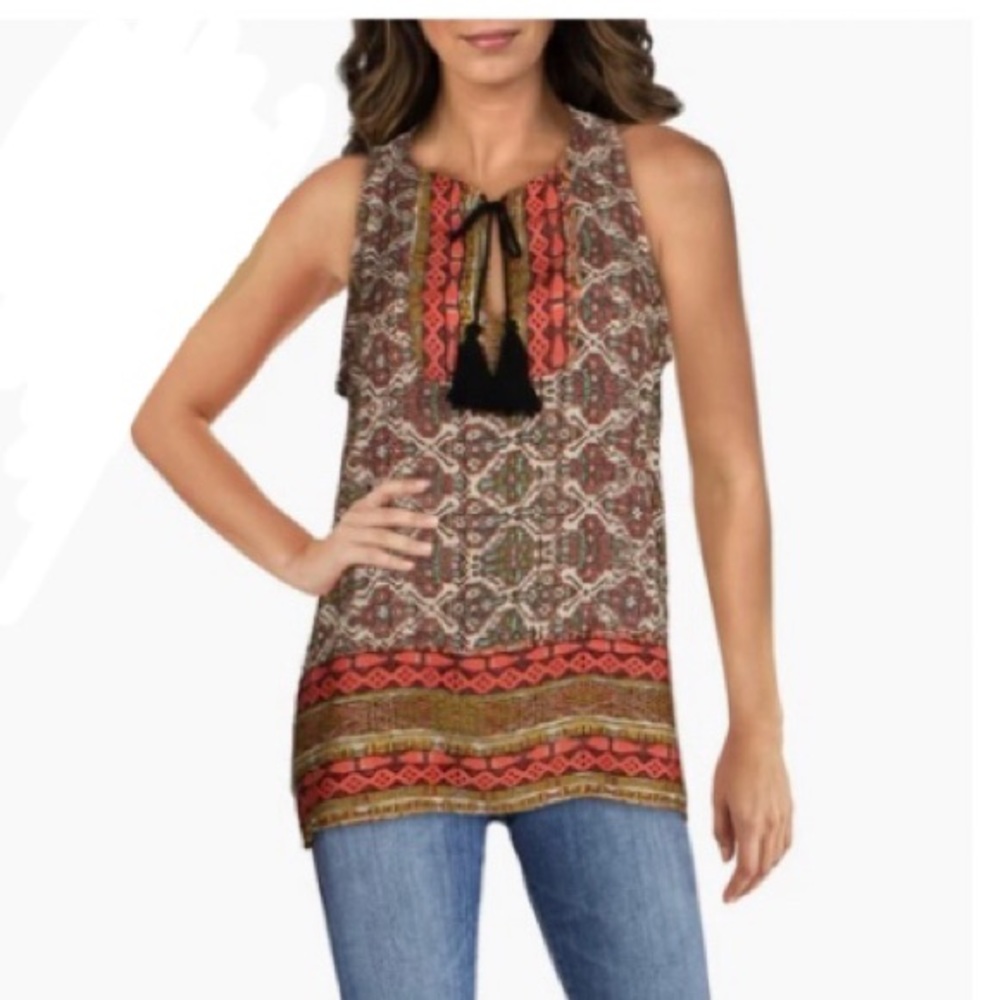 NWT RED HAUTE brown red gold tribal print keyhole floaty tank chiffon tassels S